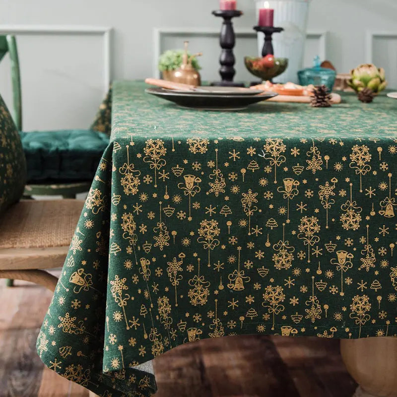 CANIRICA Christmas Tablecloth Linen Gold Tablecloth For Home Kitchen Dining Table Cover Green Mantel Mesa Rectangular Decorative