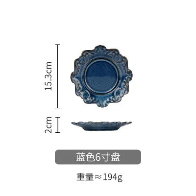 Retro Ceramic Tableware Dishes West Plate Rice Bowl Soup Noodles Dessert Plate Pattern European Relief Dinnerware