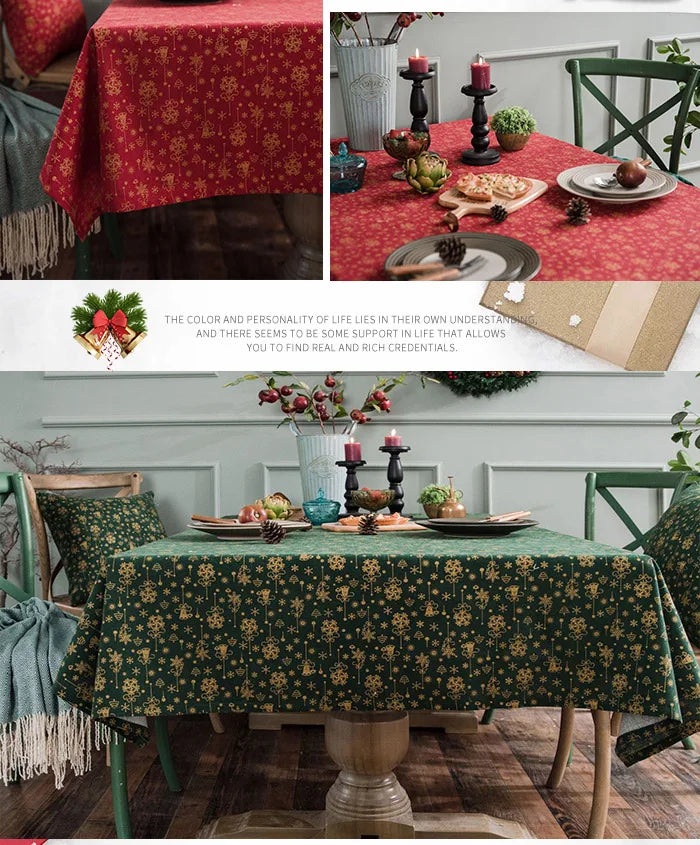CANIRICA Christmas Tablecloth Linen Gold Tablecloth For Home Kitchen Dining Table Cover Green Mantel Mesa Rectangular Decorative