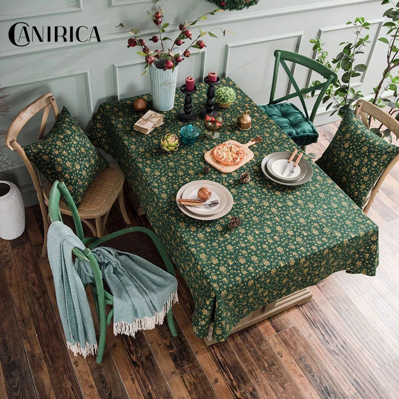 CANIRICA Christmas Tablecloth Linen Gold Tablecloth For Home Kitchen Dining Table Cover Green Mantel Mesa Rectangular Decorative