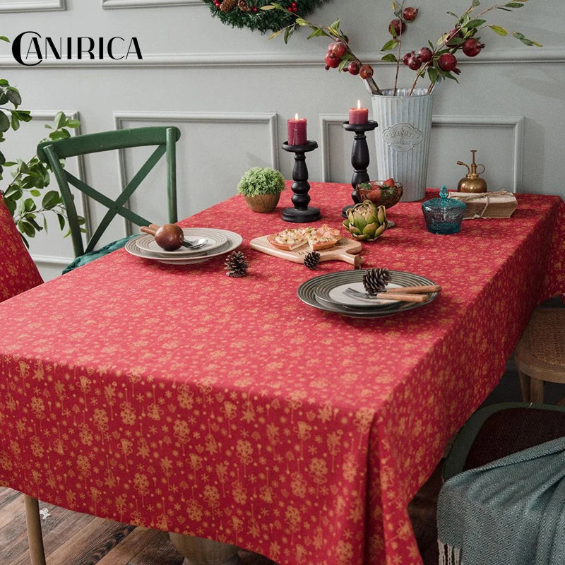 CANIRICA Christmas Tablecloth Linen Gold Tablecloth For Home Kitchen Dining Table Cover Green Mantel Mesa Rectangular Decorative