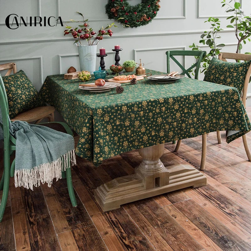 CANIRICA Christmas Tablecloth Linen Gold Tablecloth For Home Kitchen Dining Table Cover Green Mantel Mesa Rectangular Decorative