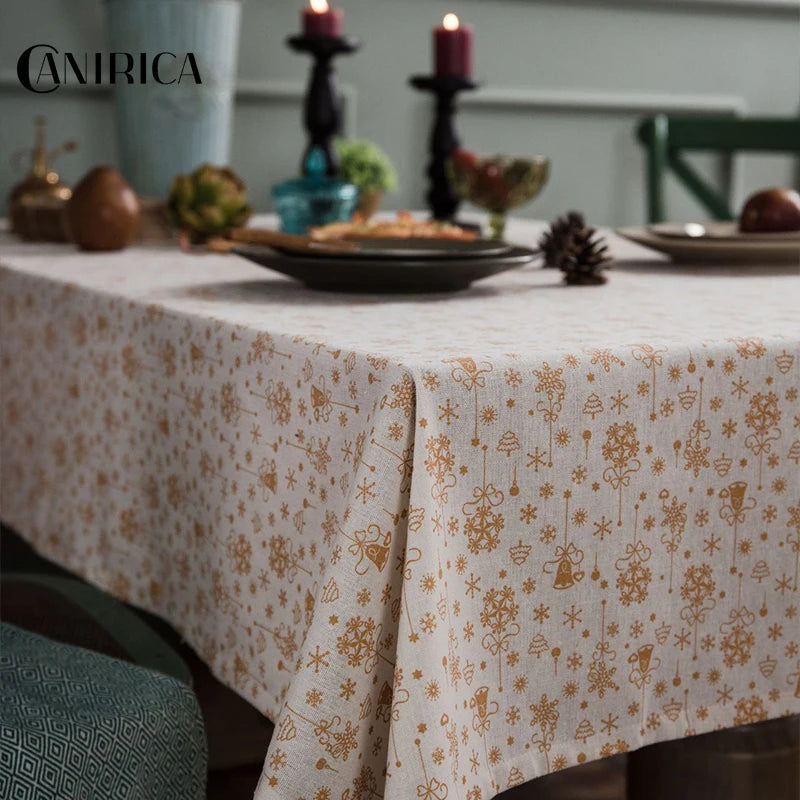 CANIRICA Christmas Tablecloth Linen Gold Tablecloth For Home Kitchen Dining Table Cover Green Mantel Mesa Rectangular Decorative