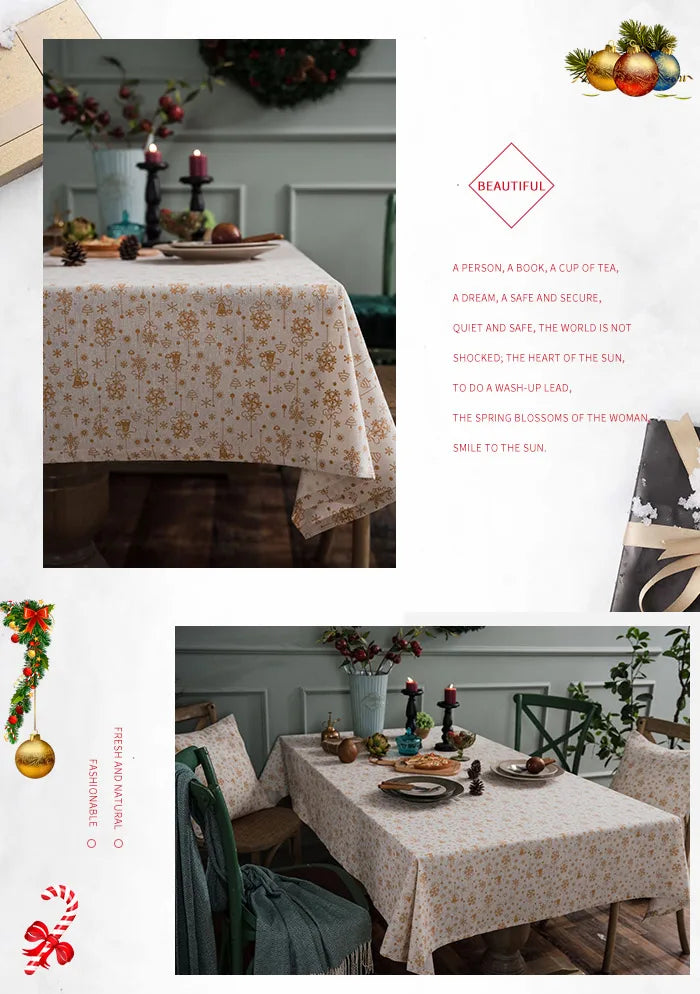 CANIRICA Christmas Tablecloth Linen Gold Tablecloth For Home Kitchen Dining Table Cover Green Mantel Mesa Rectangular Decorative