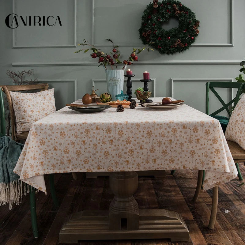 CANIRICA Christmas Tablecloth Linen Gold Tablecloth For Home Kitchen Dining Table Cover Green Mantel Mesa Rectangular Decorative