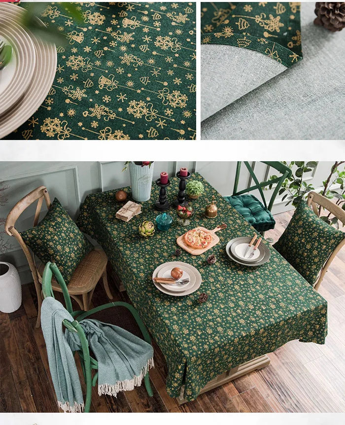 CANIRICA Christmas Tablecloth Linen Gold Tablecloth For Home Kitchen Dining Table Cover Green Mantel Mesa Rectangular Decorative