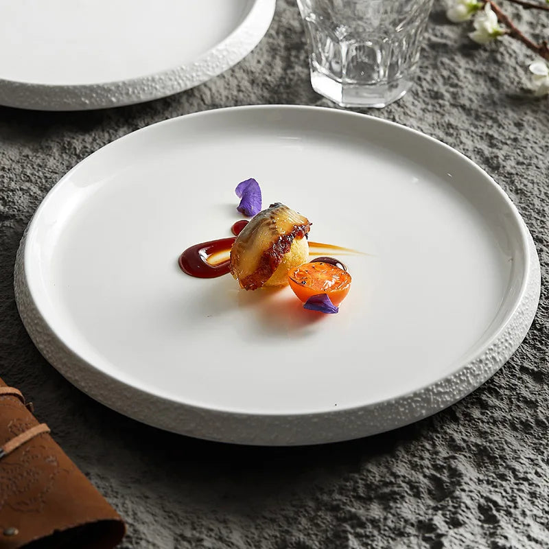 White Porcelain Featured Hotel Tableware Stone Pattern Edge Creative Household Ceramics Artistic Cuisine Steak Western Plate