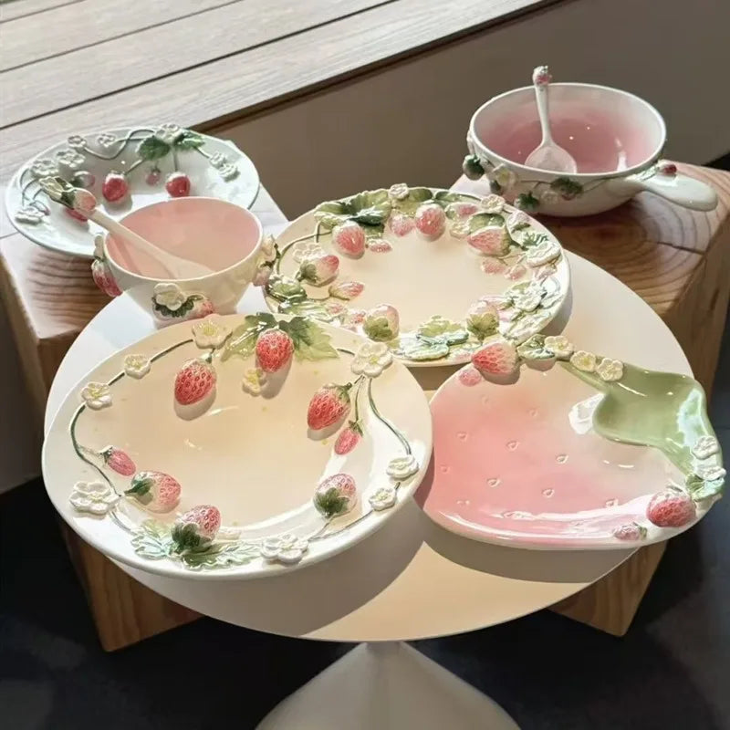 Pet strawberry tableware pink household ceramic bowl deep plate breakfast  westerna past dessert cake