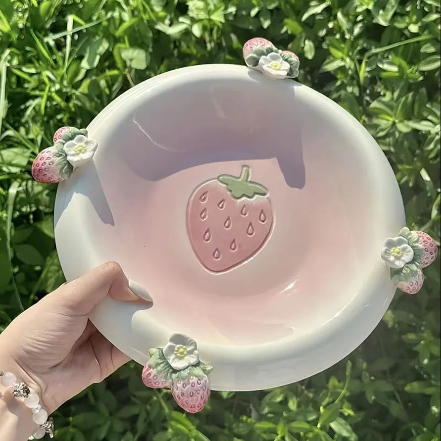Pet strawberry tableware pink household ceramic bowl deep plate breakfast  westerna past dessert cake