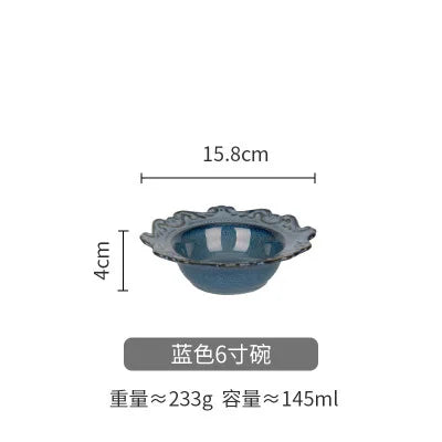 Retro Ceramic Tableware Dishes West Plate Rice Bowl Soup Noodles Dessert Plate Pattern European Relief Dinnerware