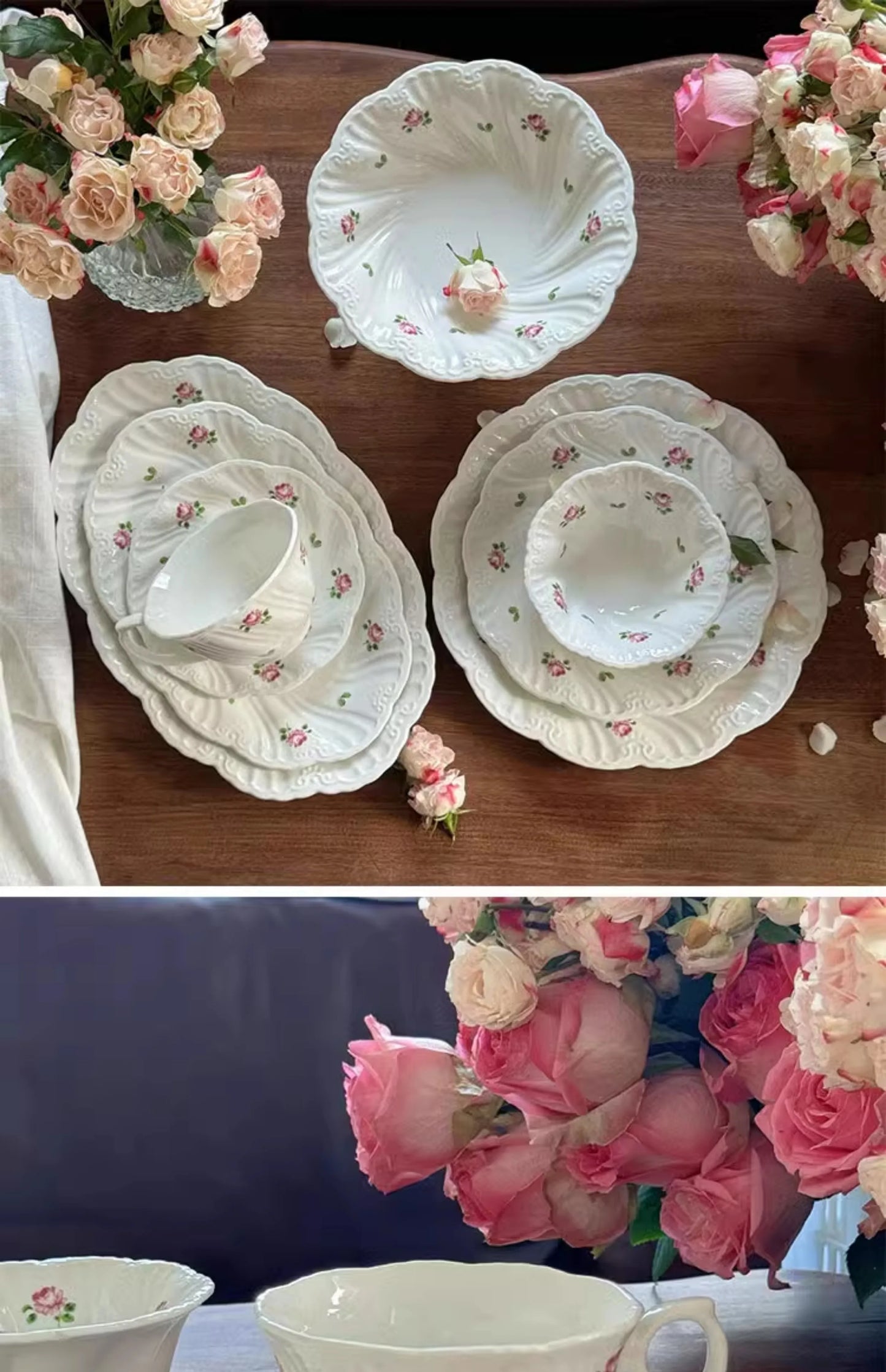 Ceramic Plate Set Coffee Cup Saucer Beautiful Tableware Vintage Rose Dessert Plate Dinner Dishes Gift Tea Cup Kitchen Supplies