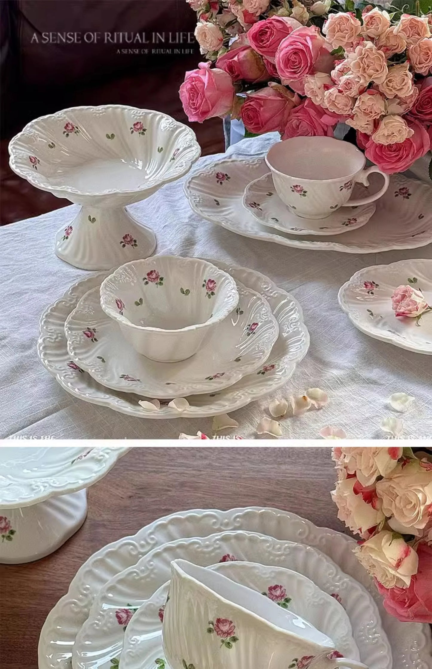 Ceramic Plate Set Coffee Cup Saucer Beautiful Tableware Vintage Rose Dessert Plate Dinner Dishes Gift Tea Cup Kitchen Supplies