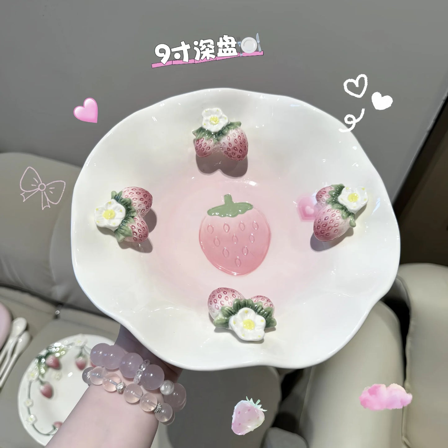 Pet strawberry tableware pink household ceramic bowl deep plate breakfast  westerna past dessert cake
