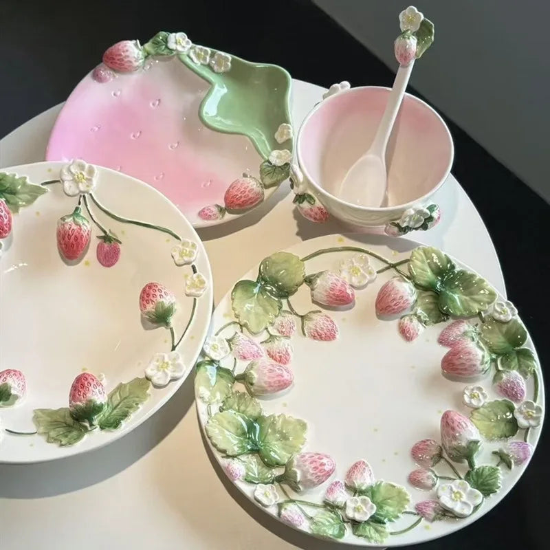 Pet strawberry tableware pink household ceramic bowl deep plate breakfast  westerna past dessert cake