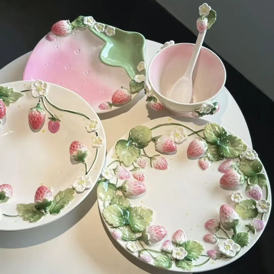 Pet strawberry tableware pink household ceramic bowl deep plate breakfast  westerna past dessert cake