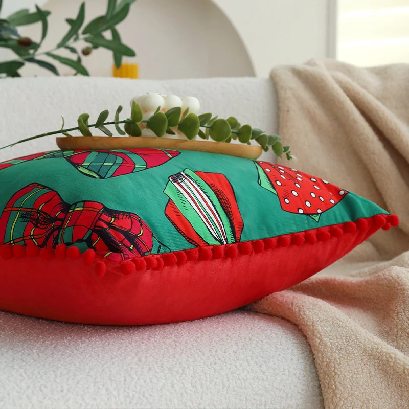 Cushion Cover Ball Edge Romantic Home Decorative Pillowcase 45x45cm for Living Room Sofa Red Bow Valentine's Day Gift 18x18inch