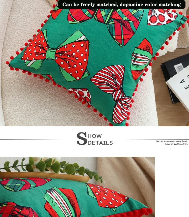 Cushion Cover Ball Edge Romantic Home Decorative Pillowcase 45x45cm for Living Room Sofa Red Bow Valentine's Day Gift 18x18inch
