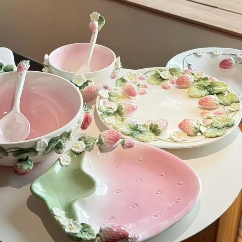 Pet strawberry tableware pink household ceramic bowl deep plate breakfast  westerna past dessert cake
