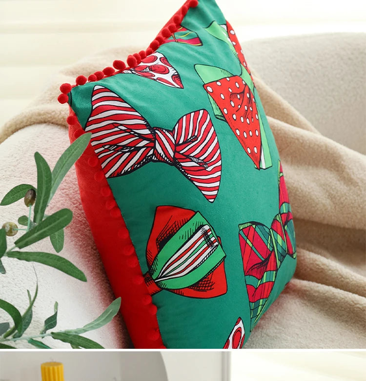 Cushion Cover Ball Edge Romantic Home Decorative Pillowcase 45x45cm for Living Room Sofa Red Bow Valentine's Day Gift 18x18inch