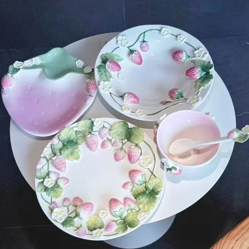 Pet strawberry tableware pink household ceramic bowl deep plate breakfast  westerna past dessert cake