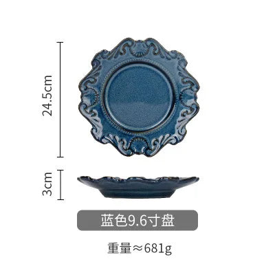 Retro Ceramic Tableware Dishes West Plate Rice Bowl Soup Noodles Dessert Plate Pattern European Relief Dinnerware