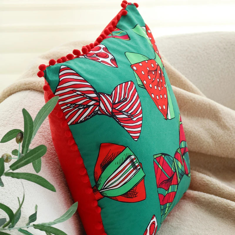 Cushion Cover Ball Edge Romantic Home Decorative Pillowcase 45x45cm for Living Room Sofa Red Bow Valentine's Day Gift 18x18inch