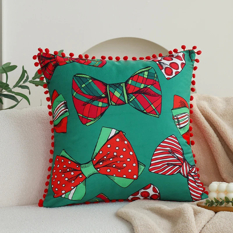 Cushion Cover Ball Edge Romantic Home Decorative Pillowcase 45x45cm for Living Room Sofa Red Bow Valentine's Day Gift 18x18inch