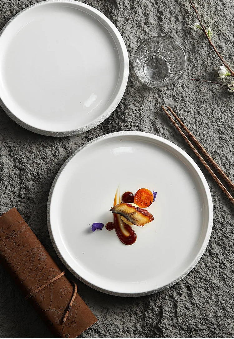 White Porcelain Featured Hotel Tableware Stone Pattern Edge Creative Household Ceramics Artistic Cuisine Steak Western Plate
