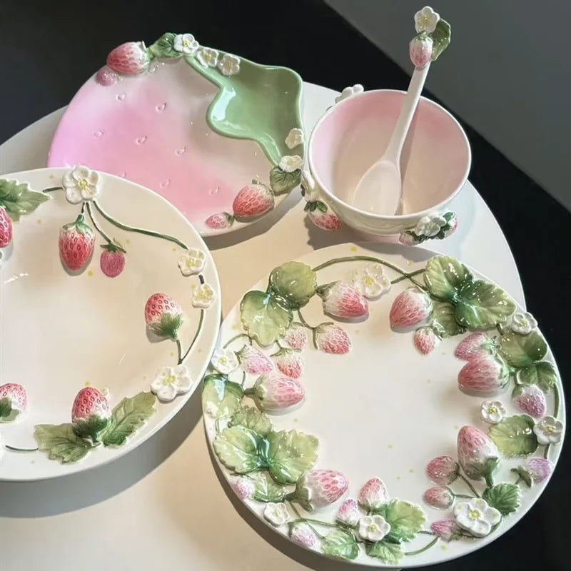 Pet strawberry tableware pink household ceramic bowl deep plate breakfast  westerna past dessert cake