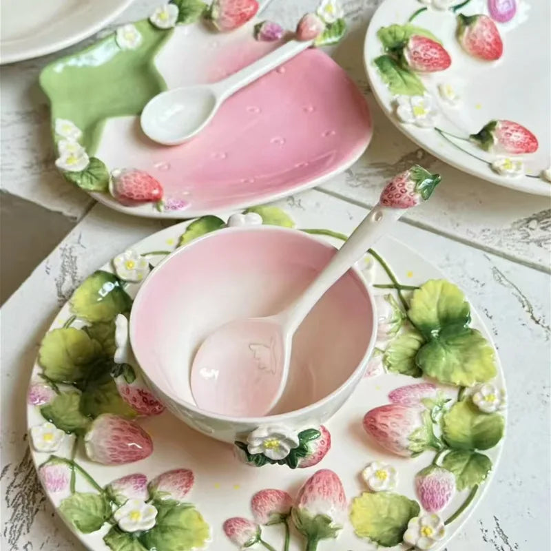 Pet strawberry tableware pink household ceramic bowl deep plate breakfast  westerna past dessert cake