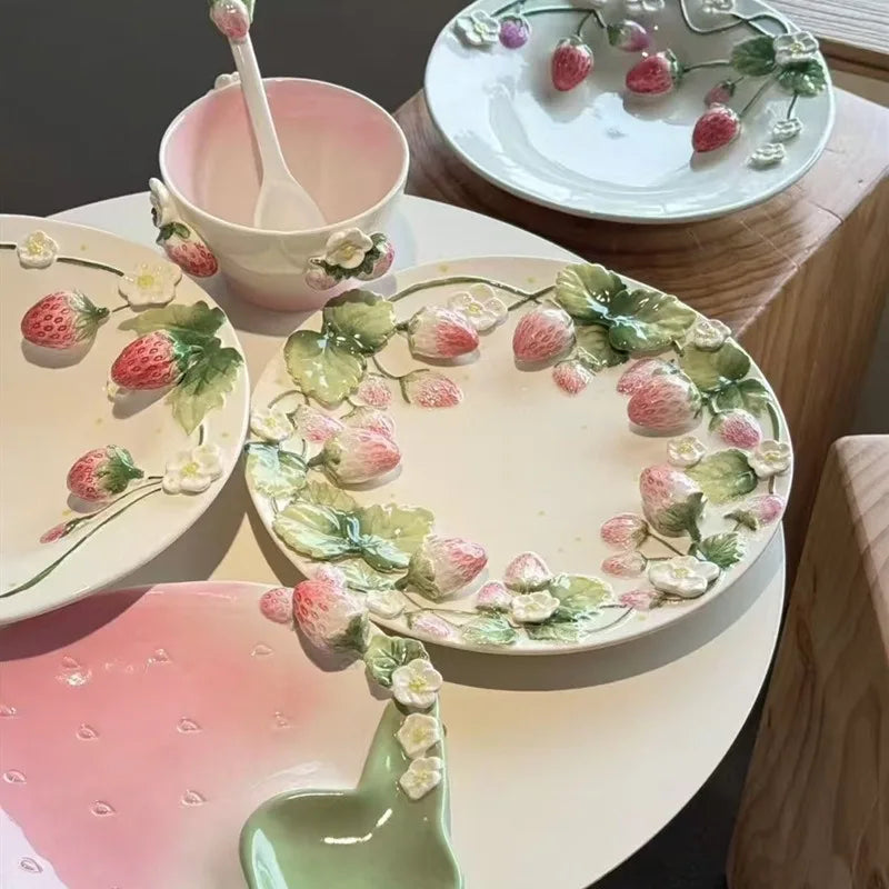 Pet strawberry tableware pink household ceramic bowl deep plate breakfast  westerna past dessert cake