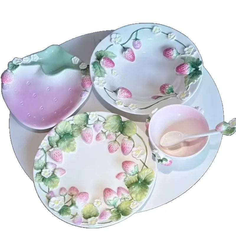 Pet strawberry tableware pink household ceramic bowl deep plate breakfast  westerna past dessert cake