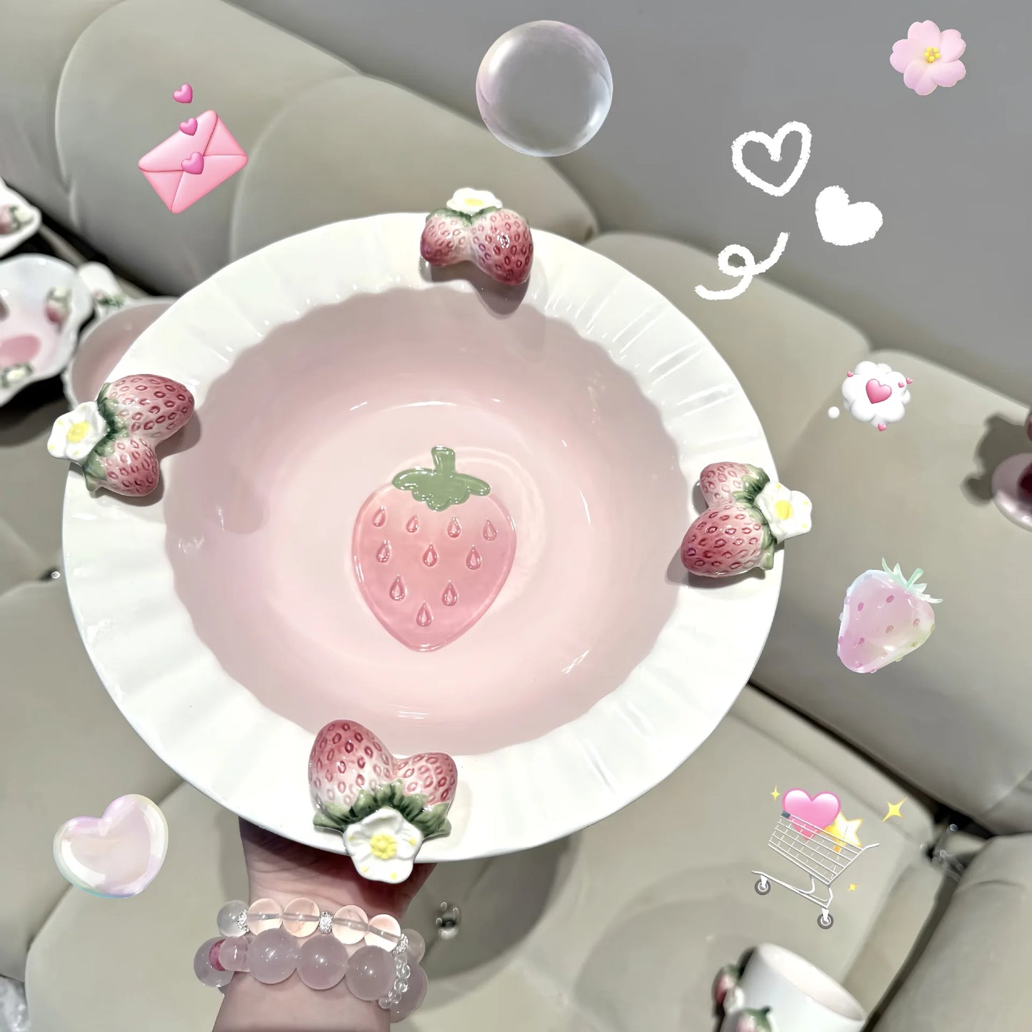 Pet strawberry tableware pink household ceramic bowl deep plate breakfast  westerna past dessert cake