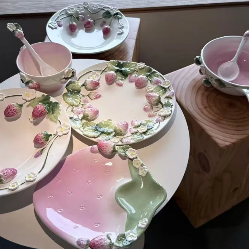 Pet strawberry tableware pink household ceramic bowl deep plate breakfast  westerna past dessert cake
