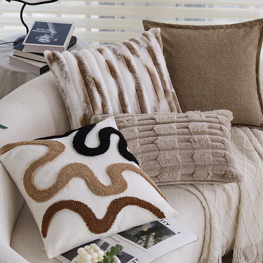 Three Color Curved Cushion Cover Tufted High Quality Linen with Brown Plush Home Decor Pillow Cover for Indoor Sofa 45x45 30x50