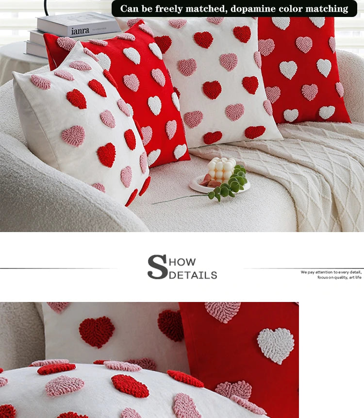 Red Love Tufted Cushion Cover Romantic Home Decorative Pillowcase 45x45cm for Living Room Sofa Valentine's Day Gift 18*18 inch