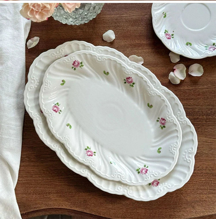 Ceramic Plate Set Coffee Cup Saucer Beautiful Tableware Vintage Rose Dessert Plate Dinner Dishes Gift Tea Cup Kitchen Supplies