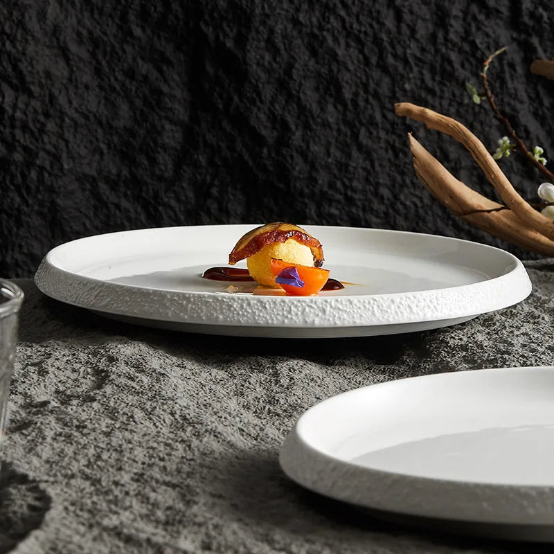 White Porcelain Featured Hotel Tableware Stone Pattern Edge Creative Household Ceramics Artistic Cuisine Steak Western Plate