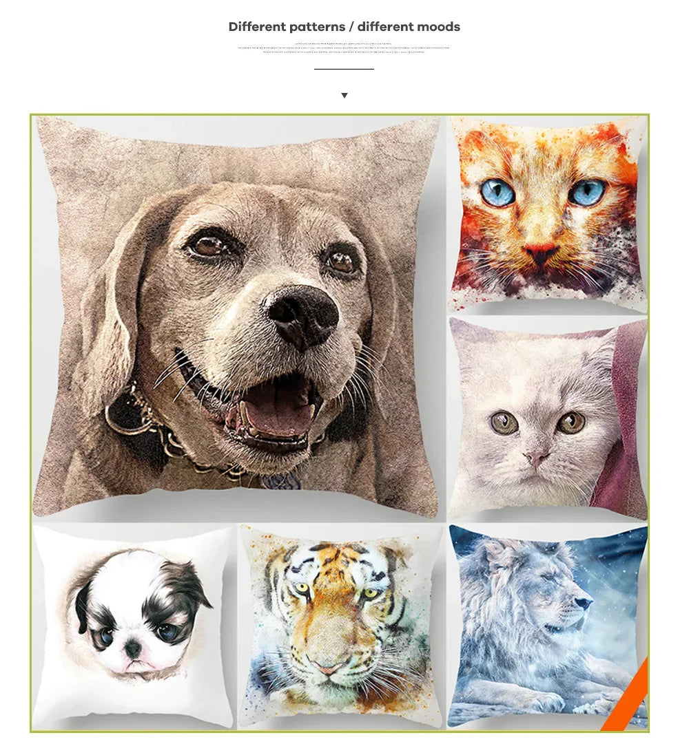 Vibrant Animal Portrait Pillow Covers 45x45cm Soft Velvet Decorative Cushion Cover Dog Cat Tiger Lion Pillowcases for  Sofa Car