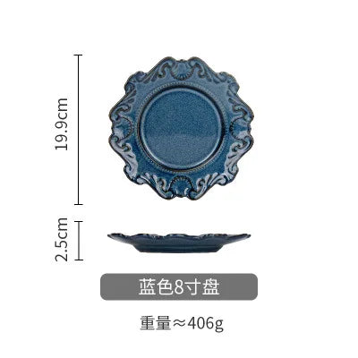 Retro Ceramic Tableware Dishes West Plate Rice Bowl Soup Noodles Dessert Plate Pattern European Relief Dinnerware