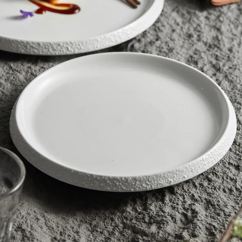 White Porcelain Featured Hotel Tableware Stone Pattern Edge Creative Household Ceramics Artistic Cuisine Steak Western Plate