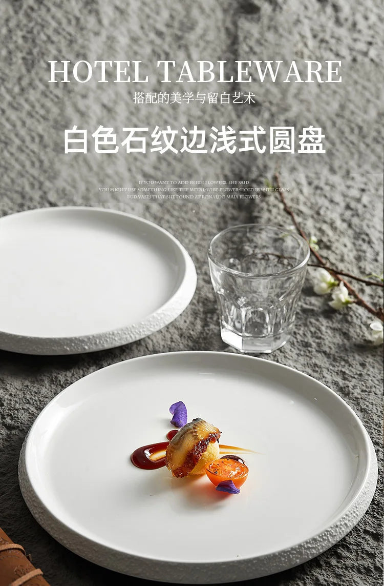 White Porcelain Featured Hotel Tableware Stone Pattern Edge Creative Household Ceramics Artistic Cuisine Steak Western Plate