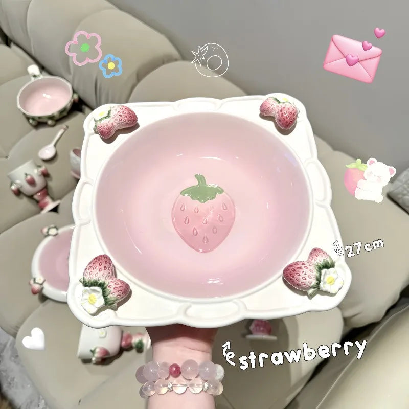 Pet strawberry tableware pink household ceramic bowl deep plate breakfast  westerna past dessert cake