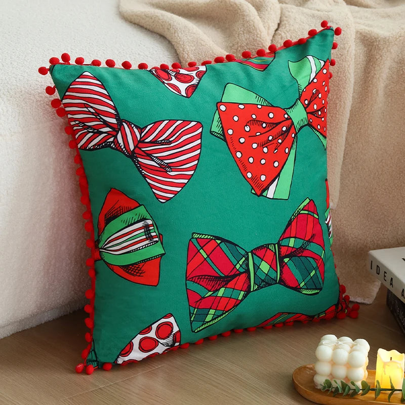 Cushion Cover Ball Edge Romantic Home Decorative Pillowcase 45x45cm for Living Room Sofa Red Bow Valentine's Day Gift 18x18inch