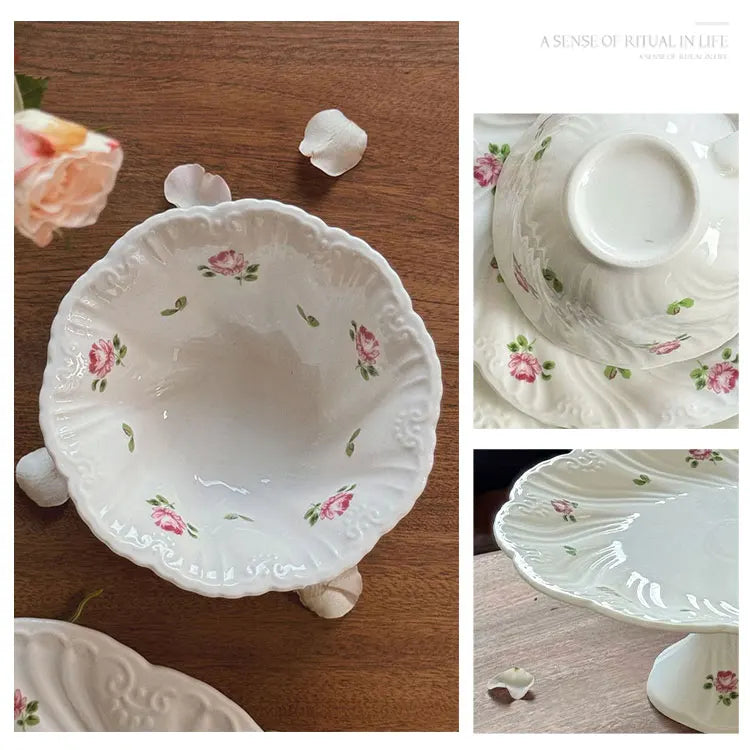 Ceramic Plate Set Coffee Cup Saucer Beautiful Tableware Vintage Rose Dessert Plate Dinner Dishes Gift Tea Cup Kitchen Supplies